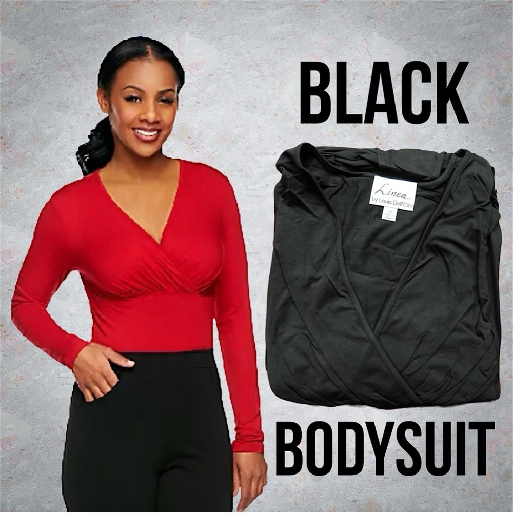 Linea by Louis Dell'Olio V-neck Shirring Detail Bodysuit, NWT 2X Black A231145